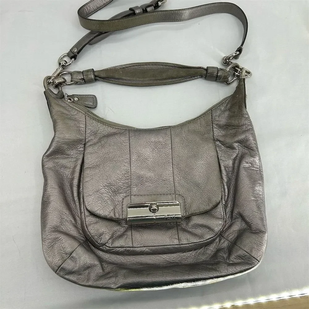 Coach Women's Kristin Metallic Silver Leather Hobo Bag Crossbody Flawed